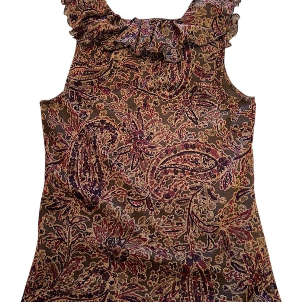 American Living Women's Paisley Sleeveless Ruffle Blouse Size S spring feminine